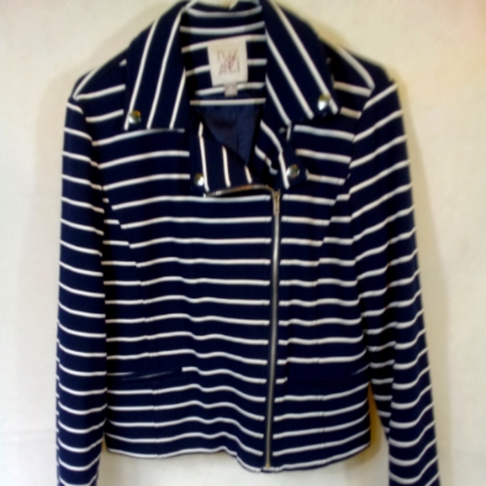 roz & ali Navy White L/S Zip Up Striped Jacket Med